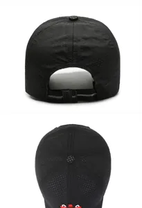 Detail der sommerlichen atmungsaktiven Mesh-Baseballkappe in Schwarz mit Riemen