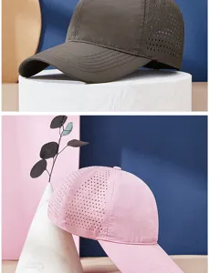 Nahaufnahme von atmungsaktiven Mesh-Baseballkappen in Pink und Grau für den Sommer