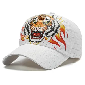Weiße atmungsaktive Mesh-Baseballkappe mit wildem Tigerkopf-Grafikdesign Aufdruck