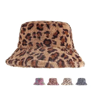 Cozy leopard print faux rabbit fur bucket hat for women's winter fashion accessories