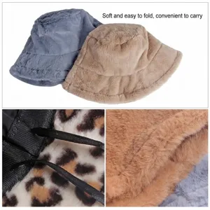 Warm winter faux rabbit fur bucket hat collage in beige and blue with leopard lining