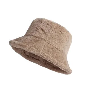 Soft faux rabbit fur bucket hat for women winter warm plush fisherman cap in khaki color