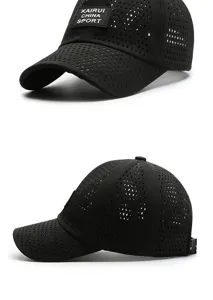 Close-up detail of a black diamond-perforated quick-dry mesh baseball sports cap