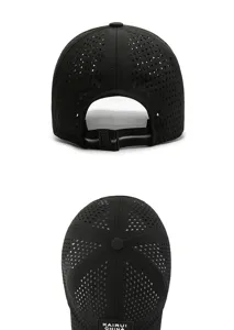 Rear and top view details of breathable mesh baseball cap with diamond perforations
