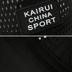 Close-up detail of a black mesh breathable baseball cap with Kairui China Sport rubber patch