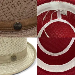 Vista detallada de un sombrero de jazz de malla transpirable con logotipo y etiqueta