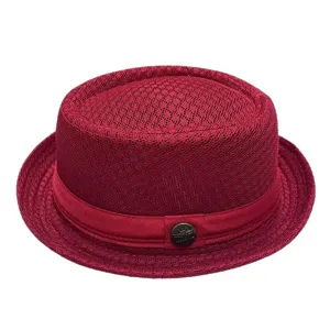 Red breathable mesh fedora sun hat with decorative band and metal logo button