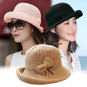 Vintage Knit Bucket Hat For Women Elegant Bow Cloche Hat Autumn Winter Warm Foldable Fisherman Hat Retro Style Lady Basin Hat