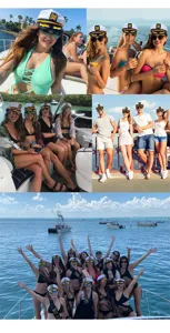 Leute mit stilvollen weißen Kapitänshüten auf einem Boot während einer nautischen Sommerparty.