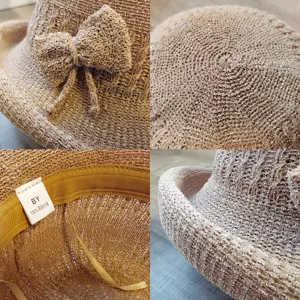 Elegant beige knitted bucket hat with bow detail and premium 100% polyester texture