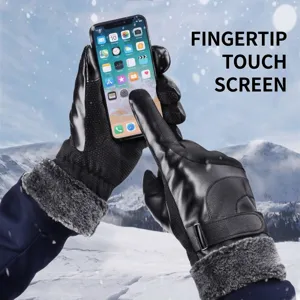 Gants d'hiver en cuir PU pour hommes avec écran tactile et doublure fourrure