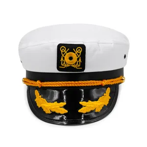 Klassische weiße Marine-Kapitänsmütze mit goldener Ankerstickerei für Kostümpartys