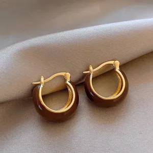 Vintage U-Shaped Enamel Alloy Hoop Earrings For Women Korean Minimalist Maillard Tones Elegant Luxury Ear Jewelry With 925 Sterling Silver Earring Post