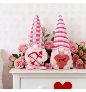 Handcrafted Valentine's Day gnome couple plush dolls with Cupid bow and LOVE heart embroidery