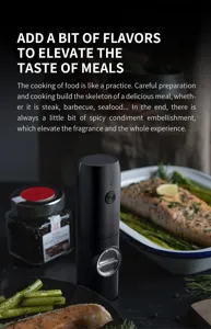 Modern electric black pepper grinder shown with grilled salmon in a gourmet setting.