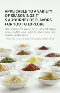 Variety of ground seasonings in white ceramic bowls for testing electric pepper grinder