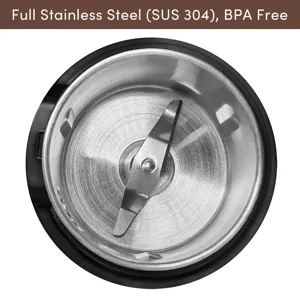 Detailed top view of SUS 304 stainless steel interior and blades of the electric grinder