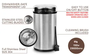 Detail view of electric coffee grinder with SUS 304 stainless steel features and specs