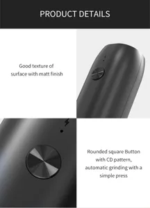 Detail view of electric pepper grinder showing matte finish and CD pattern power button