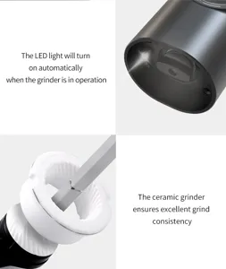 Detailed view showing the automatic LED light and ceramic core of electric pepper mill.