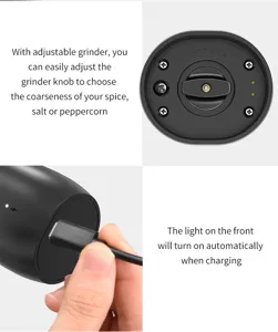 Detail view of USB charging port and adjustable coarseness knob for electric spice grinder.