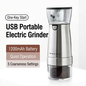 Detail view of portable electric coffee grinder with stainless steel finish and controls