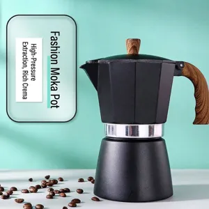 Detail of matte black Moka pot with wood texture handle and knob on teal background