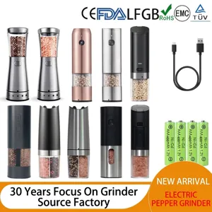 Automatic electric pepper mill set including rechargeable batteries and USB charging cable.