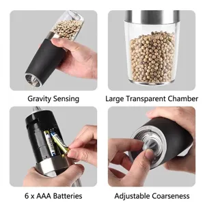 Electric pepper grinder with gravity sensing and adjustable coarseness setting