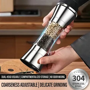 Manual stainless steel dual-ended spice grinder with adjustable coarseness for home kitchen
