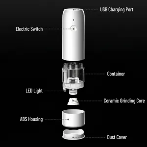 Exploded view of white electric pepper grinder showing internal ceramic core and USB port
