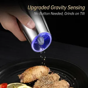 Automatic electric pepper grinder in stainless steel with gravity sensor and blue LED