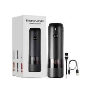 Professional electric spice grinder set with USB cable and cleaning brush in black finish