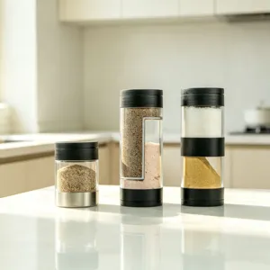 Set of three transparent kitchen spice jars with black lids on a minimalist kitchen counter