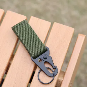 Tactical military green nylon webbing belt clip with black metal eagle beak carabiner and key ring