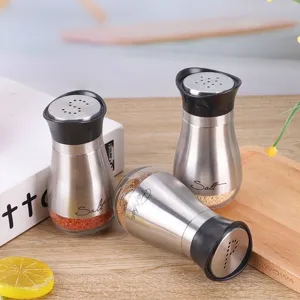Set aus drei Gewürzstreuern aus Edelstahl und Glas für Pfeffer und Salz Lagerung
