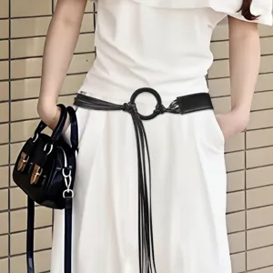 Women Fashion Tassel Belt PU Leather Waist Belt With Round Square Buckle Tie Up Decorative Waistband For Dress Coat Accessory