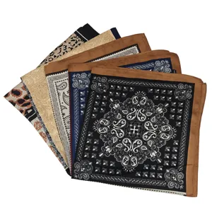 Collection of elegant printed silk-like square scarves featuring paisley and leopard patterns