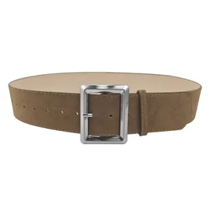 Vintage wide suede belt for women in brown maillard style with silver square buckle