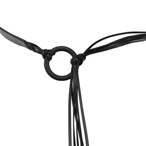 Stylish black fringe waist belt for women with elegant round buckle and knotted details.
