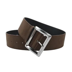 Vintage Maillard style wide brown suede belt with rectangular silver buckle for women