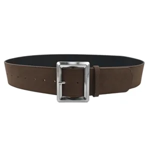 Retro brown wide suede belt with silver buckle for women's dress waist slimming