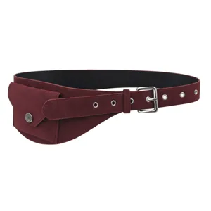 Vintage burgundy suede wide corset belt with attached mini pouch and silver-tone buckle
