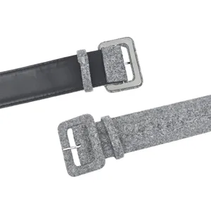 Gray wool belt for women with rectangular metal pin buckle for sweaters and coats