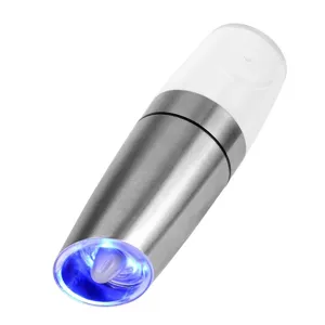 Detail of electric gravity salt and pepper grinder with blue LED light and stainless steel finish.