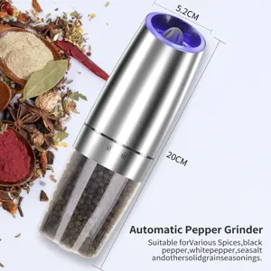 Macro view of automatic stainless steel gravity pepper grinder showing dimensions 5.2x20cm
