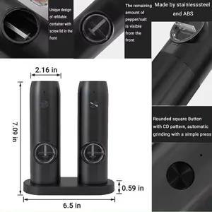 Electric salt and pepper grinder set with charging base and dimensions, black matte finish