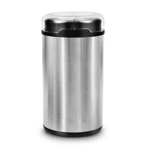 Professional electric coffee bean grinder with brushed stainless steel body and clear lid