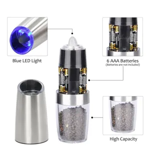Close-up detail of electric spice grinder featuring blue LED and battery compartment