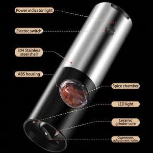 Electric stainless steel pepper grinder with ceramic core and coarseness adjustment